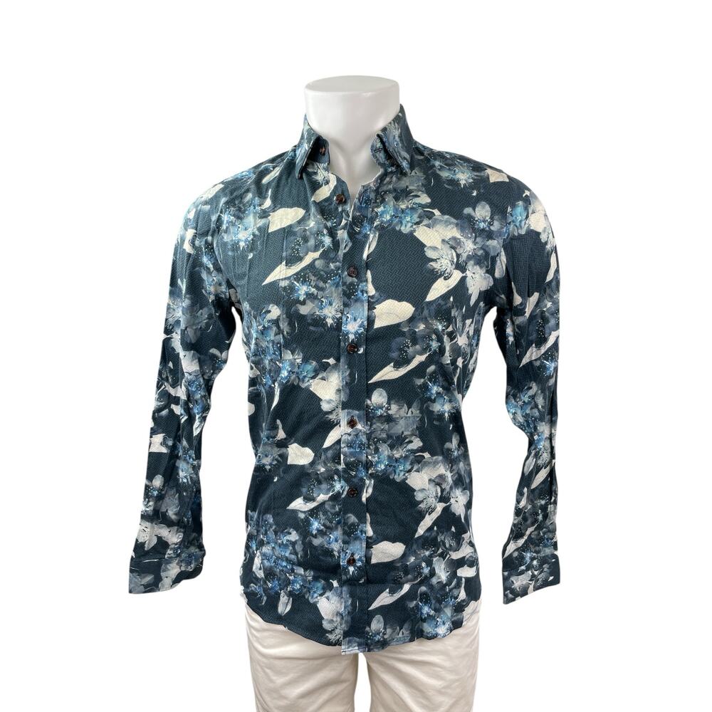Ted Baker Men's Blue Floral Modern Fit Long Sleeve Button Down Shirt Top Size 15
